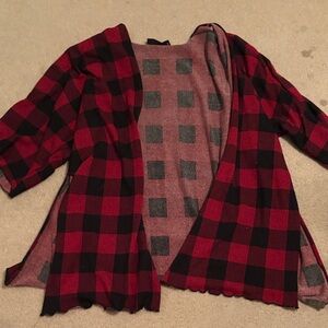 Audrey 3+1 Plaid Open-Front Cardigan in Red and Black